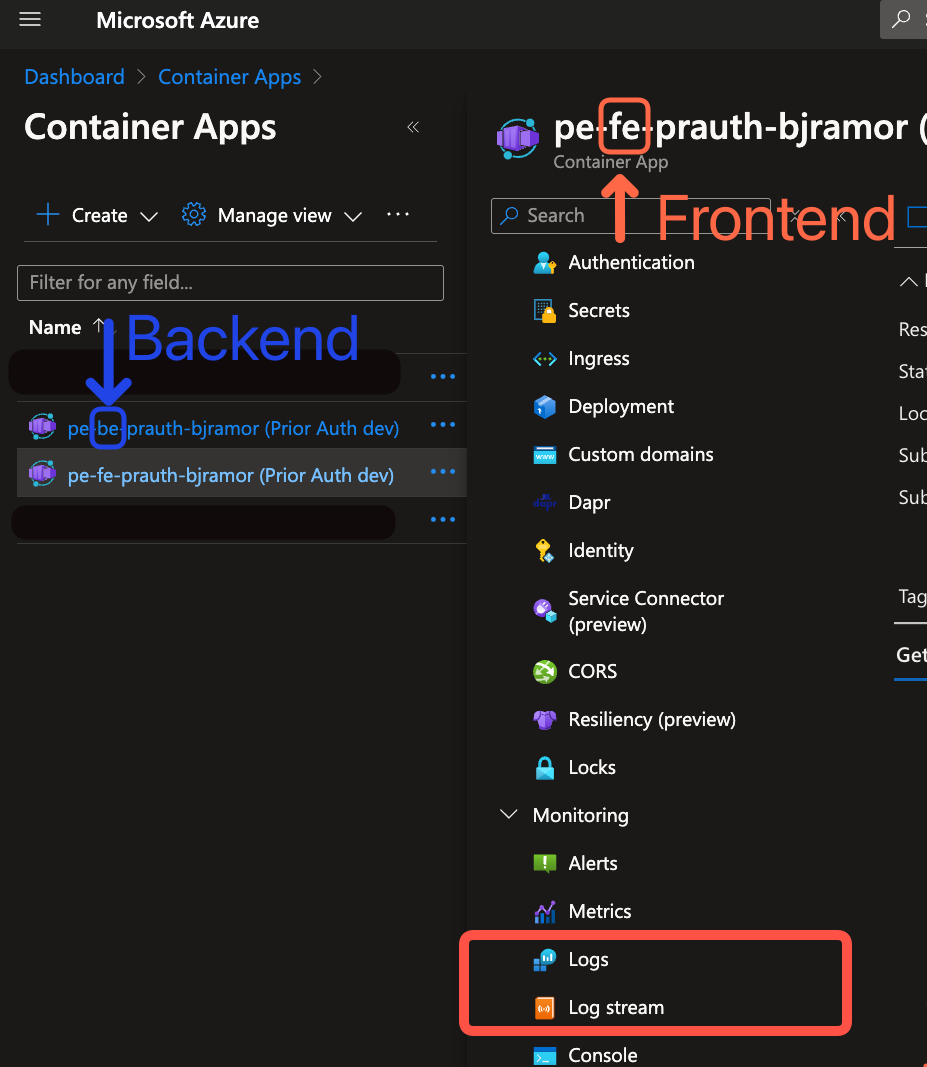 Azure Portal Container App Logs Navigation1